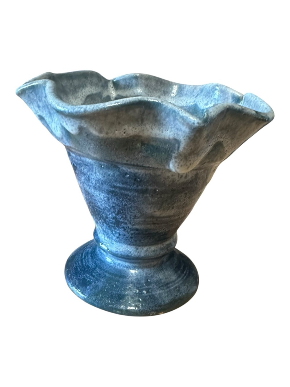 Signed Studio Pottery Blue Glazed Pedestal Vase Planter Ruffled Rim Handmade